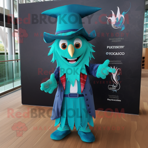 Turquoise Witch mascot costume character dressed with a Polo Tee and Pocket squares