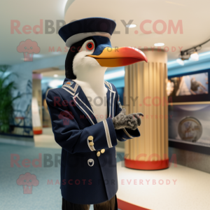 Navy Woodpecker mascot costume character dressed with a Blazer and Berets