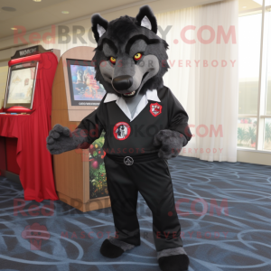 Black Say Wolf mascot costume character dressed with a Rash Guard and Pocket squares