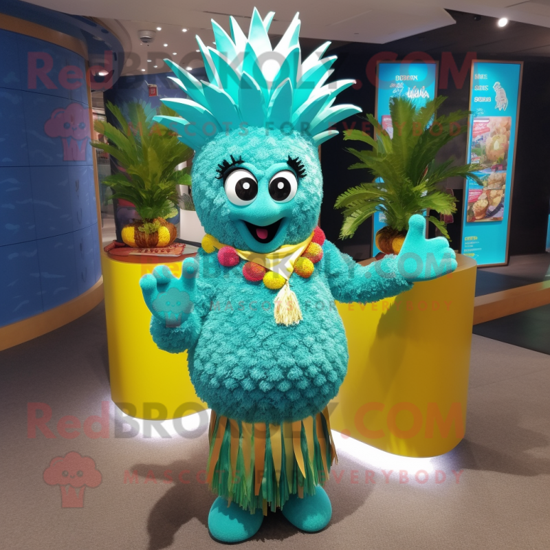 Turquoise Pineapple mascot costume character dressed with a Mini Dress and Necklaces