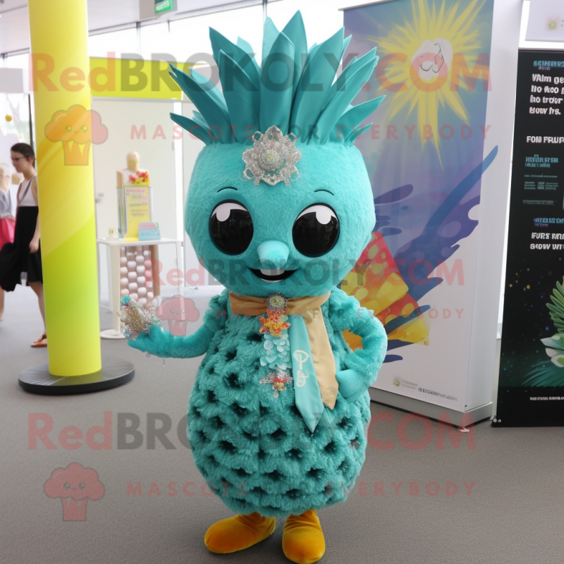 Turquoise Pineapple mascot costume character dressed with a Mini Dress and Necklaces Turquoise Pineapple mascot costume character dressed with a Mini Dress and Necklaces
