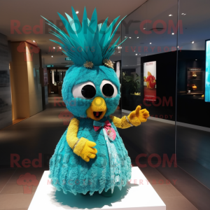 Turquoise Pineapple mascot costume character dressed with a Mini Dress and Necklaces