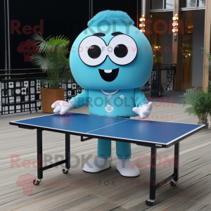 Cyan Ping Pong Table mascot costume character dressed with a Blazer and Eyeglasses