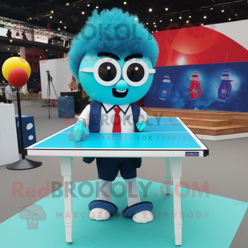 Cyan Ping Pong Table mascot costume character dressed with a Blazer and Eyeglasses Cyan Ping Pong Table mascot costume character dressed with a Blazer and Eyeglasses