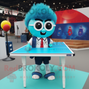 Cyan Ping Pong Table mascot costume character dressed with a Blazer and Eyeglasses