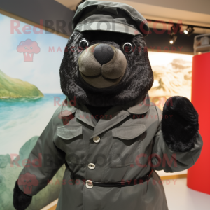 Black Seal mascot costume character dressed with a Parka and Cummerbunds