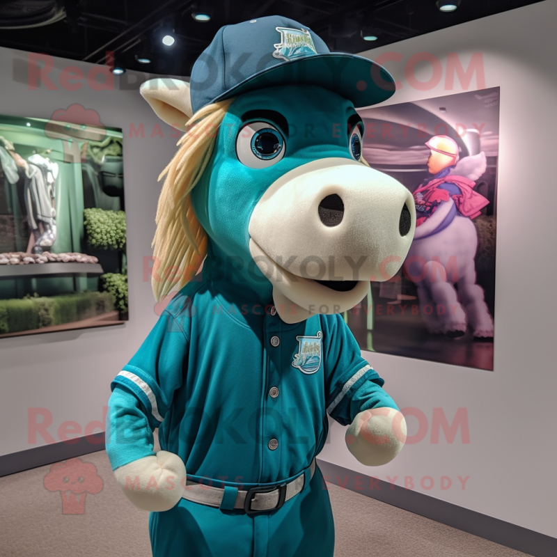 Teal Horse mascot costume character dressed with a Baseball Tee and Berets