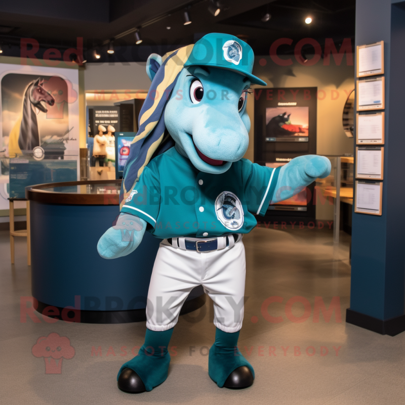 Teal Horse mascot costume character dressed with a Baseball Tee and Berets Teal Horse mascot costume character dressed with a Baseball Tee and Berets