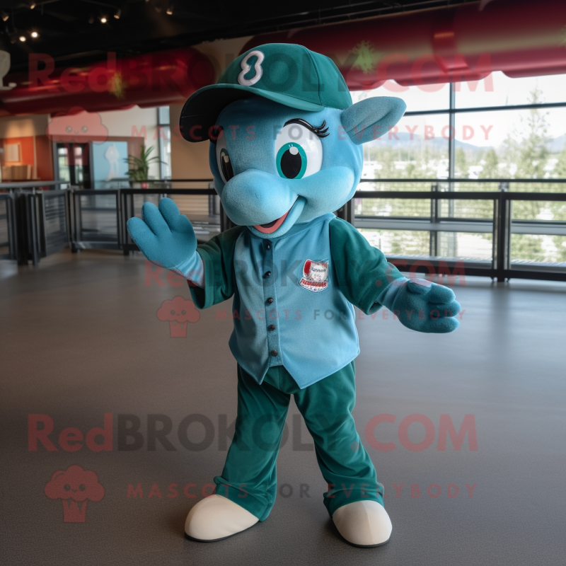 Teal Horse mascot costume character dressed with a Baseball Tee and Berets