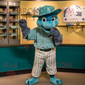 Teal Horse mascot costume character dressed with a Baseball Tee and Berets