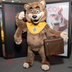 Brown Wolf mascot costume character dressed with a Long Sleeve Tee and Briefcases