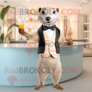 Beige Mongoose mascot costume character dressed with a Cocktail Dress and Bow ties