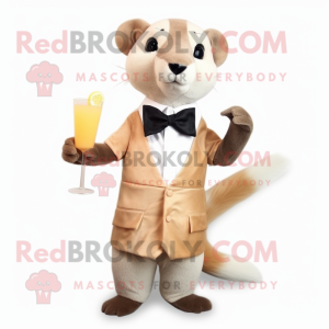 Beige Mongoose mascot costume character dressed with a Cocktail Dress and Bow ties