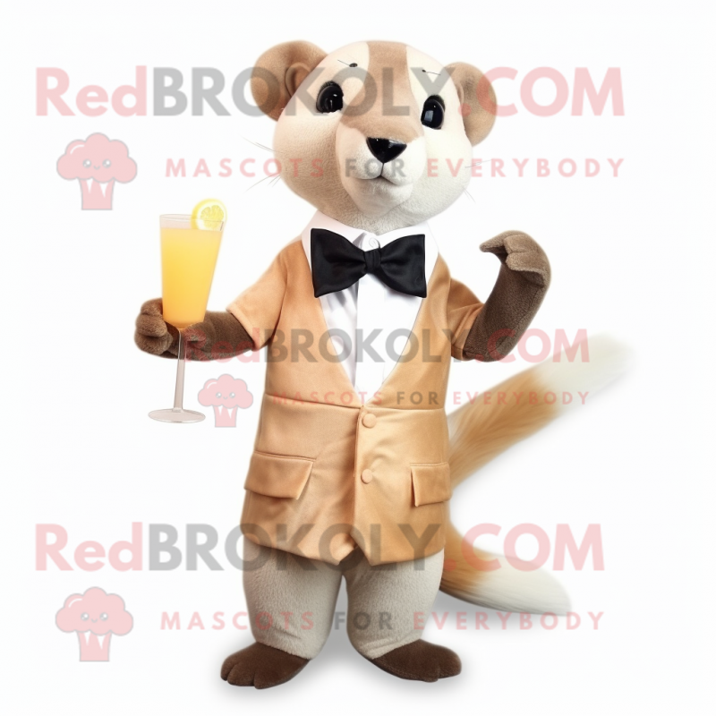 Beige Mongoose mascot costume character dressed with a Cocktail Dress and Bow ties Beige Mongoose mascot costume character dressed with a Cocktail Dress and Bow ties
