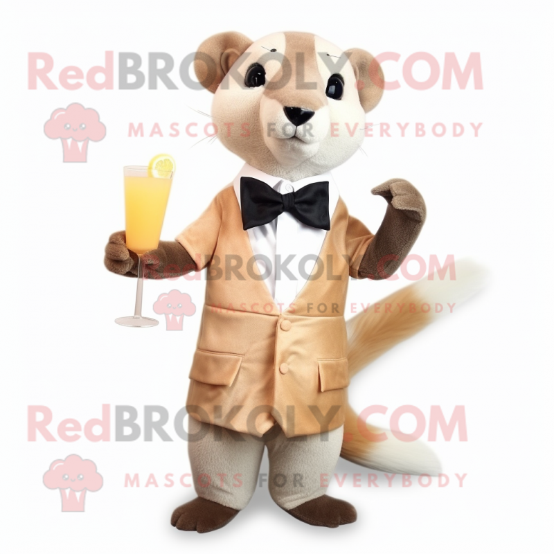 Beige Mongoose mascot costume character dressed with a Cocktail Dress and Bow ties