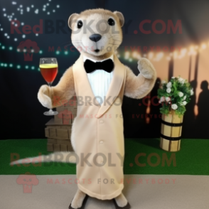 Beige Mongoose mascot costume character dressed with a Cocktail Dress and Bow ties