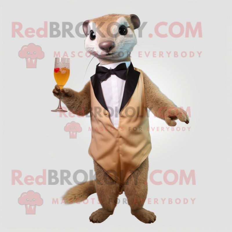 Beige Mongoose mascot costume character dressed with a Cocktail Dress and Bow ties