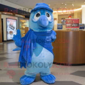 Blue Cod mascot costume character dressed with a Henley Shirt and Shawls