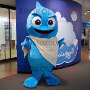 Blue Cod mascot costume character dressed with a Henley Shirt and Shawls