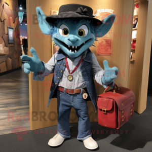 Teal Vampire mascot costume character dressed with a Chambray Shirt and Handbags