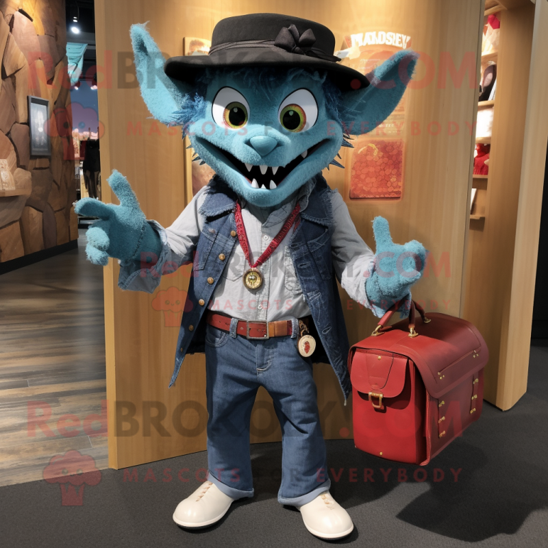 Teal Vampire mascot costume character dressed with a Chambray Shirt and Handbags Teal Vampire mascot costume character dressed with a Chambray Shirt and Handbags
