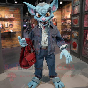 Teal Vampire mascot costume character dressed with a Chambray Shirt and Handbags