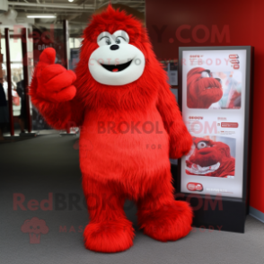 Red Yeti mascot costume character dressed with a Wrap Dress and Foot pads
