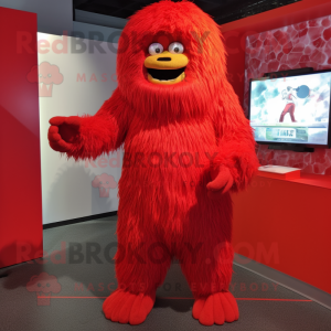 Red Yeti mascot costume character dressed with a Wrap Dress and Foot pads