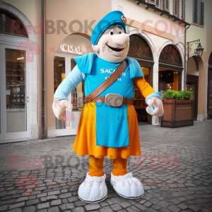 Cyan Swiss Guard mascot costume character dressed with a Cargo Pants and Shawls