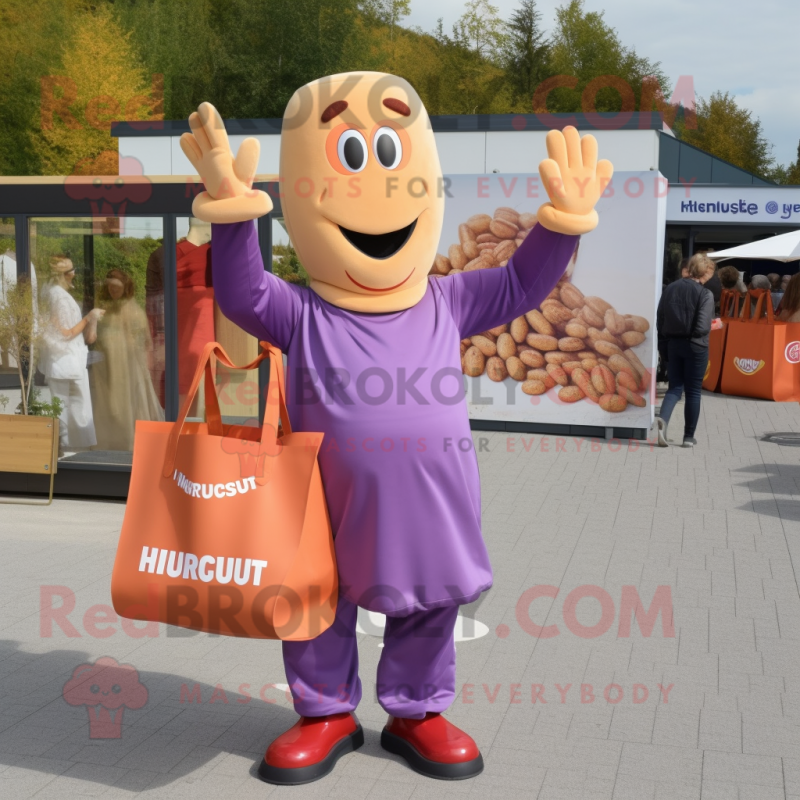 Lavender Currywurst mascot costume character dressed with a Jumpsuit and Tote bags Lavender Currywurst mascot costume character dressed with a Jumpsuit and Tote bags