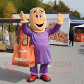 Lavender Currywurst mascot costume character dressed with a Jumpsuit and Tote bags