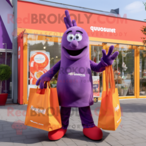 Lavender Currywurst mascot costume character dressed with a Jumpsuit and Tote bags