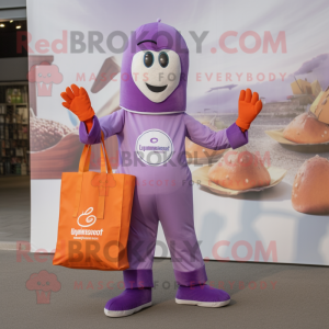 Lavender Currywurst mascot costume character dressed with a Jumpsuit and Tote bags