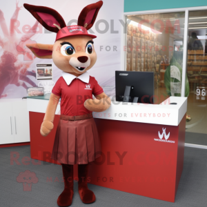 Maroon Roe Deer mascot costume character dressed with a Pencil Skirt and Caps