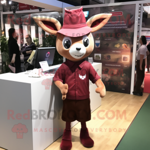 Maroon Roe Deer mascot costume character dressed with a Pencil Skirt and Caps