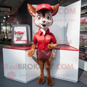 Maroon Roe Deer mascot costume character dressed with a Pencil Skirt and Caps