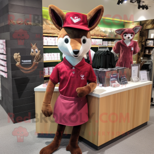 Maroon Roe Deer mascot costume character dressed with a Pencil Skirt and Caps