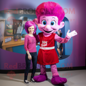 Magenta Elf mascot costume character dressed with a Mom Jeans and Ties