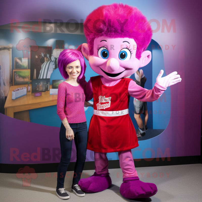 Magenta Elf mascot costume character dressed with a Mom Jeans and Ties