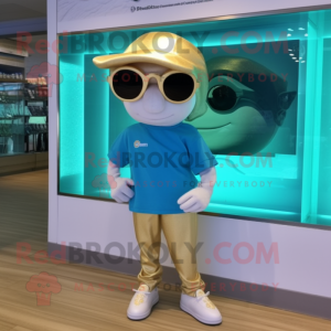 Gold Dolphin mascot costume character dressed with a Shorts and Sunglasses