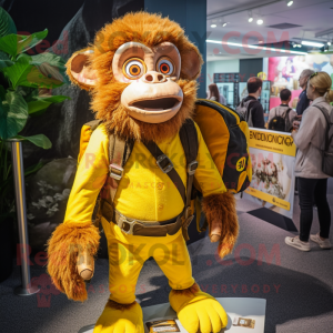 Yellow Monkey mascot costume character dressed with a Dress and Backpacks