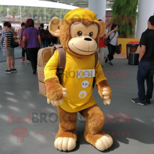 Yellow Monkey mascot costume character dressed with a Dress and Backpacks