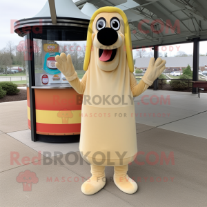 Cream Hot Dog mascot costume character dressed with a Shift Dress and Gloves