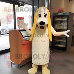 Cream Hot Dog mascot costume character dressed with a Shift Dress and Gloves