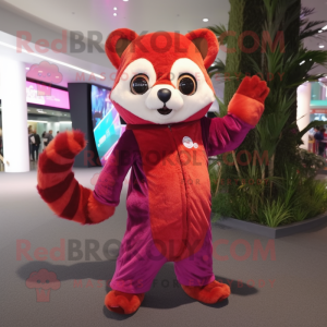 Magenta Red Panda mascot costume character dressed with a Jumpsuit and Scarves