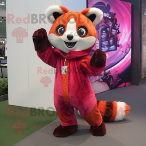 Magenta Red Panda mascot costume character dressed with a Jumpsuit and Scarves