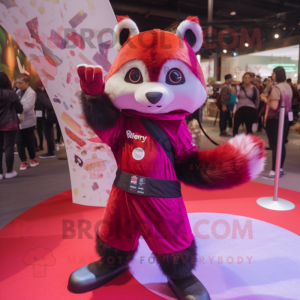 Magenta Red Panda mascot costume character dressed with a Jumpsuit and Scarves