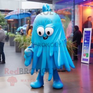 Blue Jellyfish mascot costume character dressed with a Raincoat and Headbands