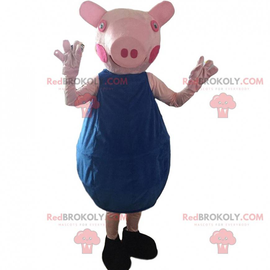Pink pig costume with a blue outfit - Redbrokoly.com