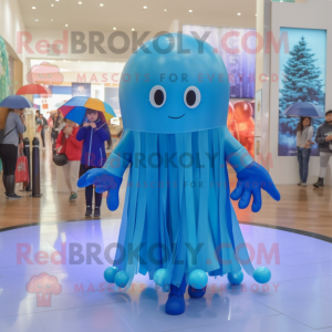 Blue Jellyfish mascot costume character dressed with a Raincoat and Headbands